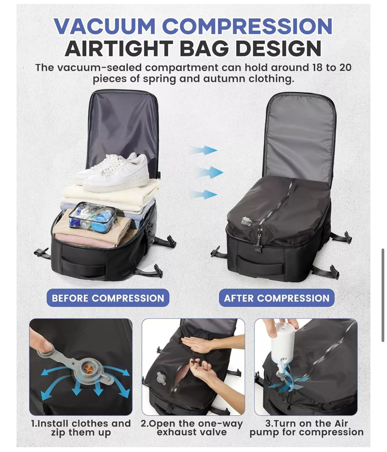Travel Backpack with vacuum pump